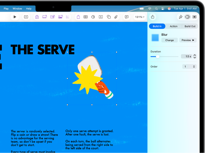 The Animation controls for adding animation to the selected image. Build In, Action, and Build Out buttons are across the top of the sidebar. Build In is selected and shows controls for the Drift and Scale effect.