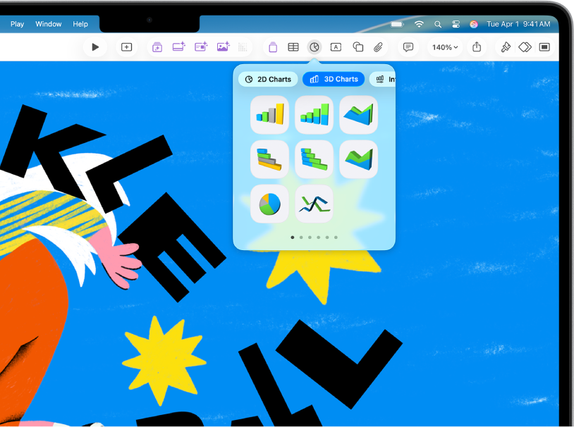 The toolbar with buttons to add tables, charts, text boxes, shapes, and media. Chart is selected and shows buttons for 2D, 3D, and Interactive charts. 3D is selected, and chart options are shown below.