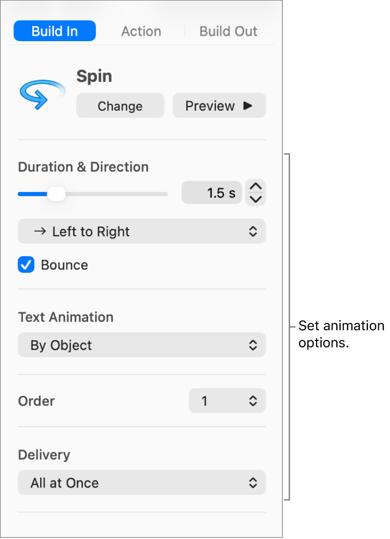Build In options in the Animate tab of the sidebar.