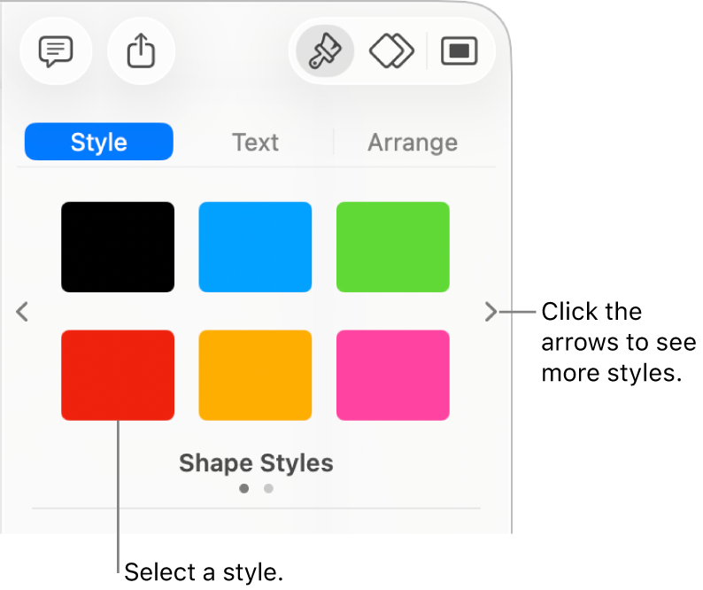 The Style tab of the Format sidebar with six object styles and navigation arrows on their left and right.