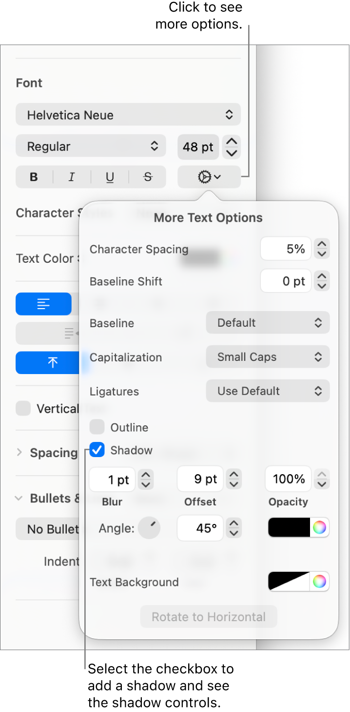The Advanced Options open with the Shadow checkbox selected and controls for setting blur, offset, opacity, angle, and color.