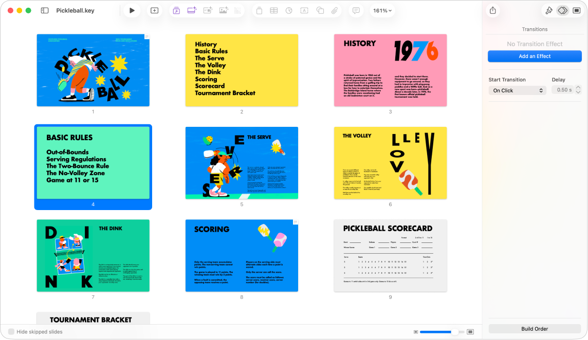 Light table view displaying nine slides horizontally in two rows, with options to change the theme’s appearance in the Format sidebar on the right side of the screen.