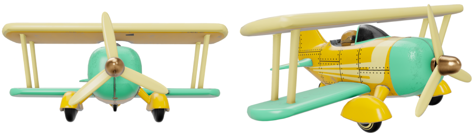 A 3D model of a biplane viewed from two angles.