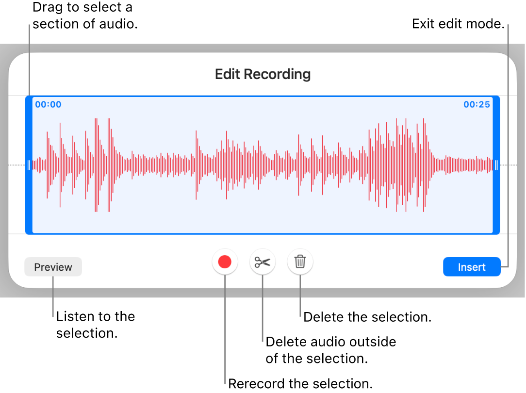 Controls for editing recorded audio. Handles indicate the selected section of the recording, and Preview, Record, Trim, Delete, and Edit Mode buttons are below.