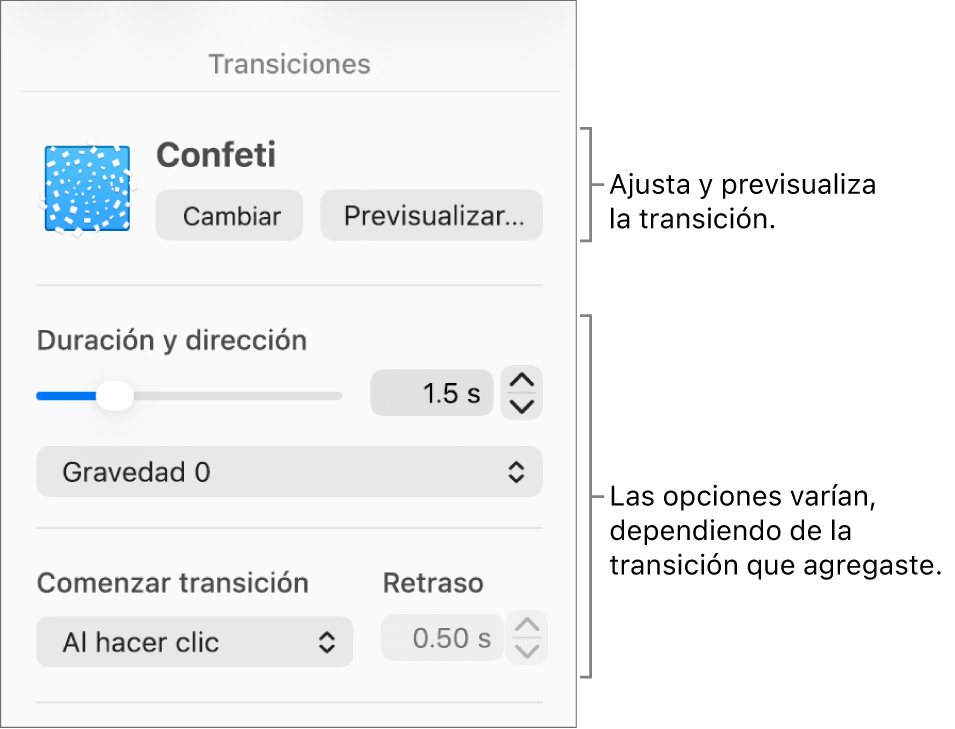 Controles de transiciones en la sección Transiciones de la barra lateral.