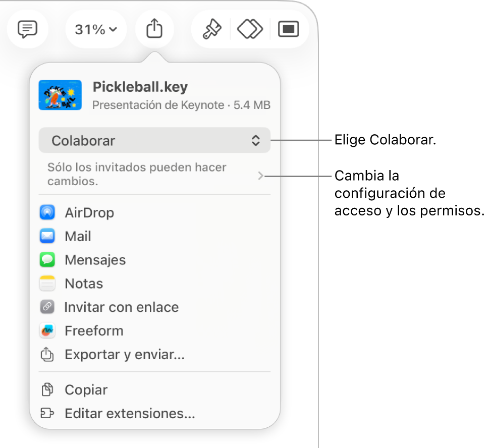 El menú Compartir con la opción Colaborar seleccionada en la parte superior, y la configuración de acceso y permisos debajo.