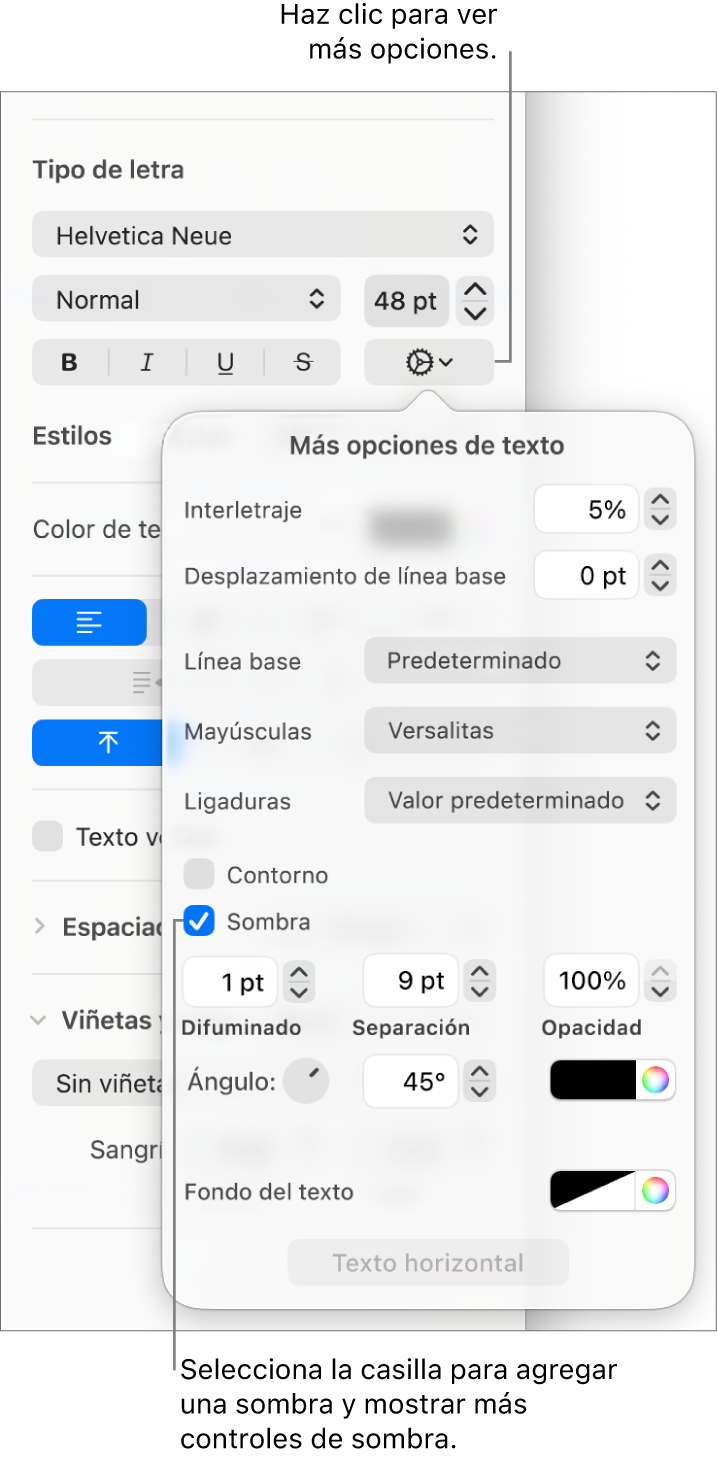 El menú Opciones avanzadas abierto con la casilla Sombra seleccionada y los controles para configurar el desenfoque, la desviación, la opacidad, el ángulo y el color.