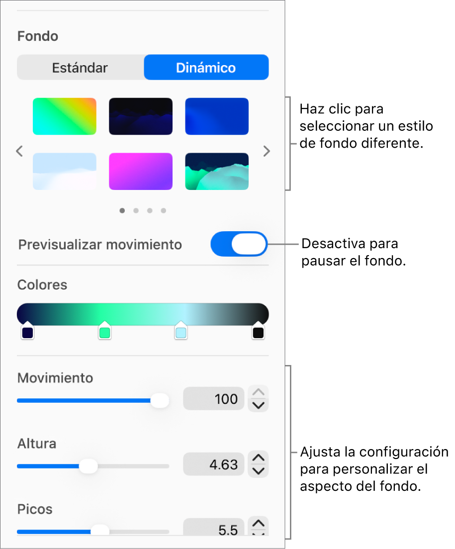 El botón Dinámico seleccionado en la sección Fondo de la barra lateral Formato con los estilos de fondo dinámicos, el control Vista previa de movimiento y los controles de aspecto.