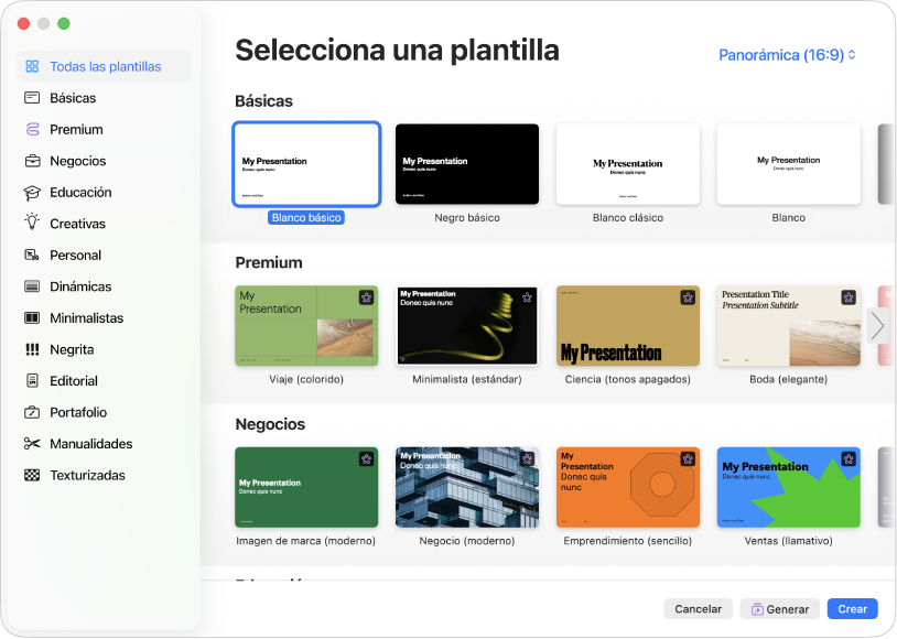 El selector de plantilla. A la izquierda aparece una barra lateral que muestra categorías de plantillas en las que puedes hacer clic para filtrar las opciones. A la derecha, organizadas en filas por categoría, aparecen miniaturas de las plantillas prediseñadas, comenzando con la categoría Nuevas en la parte superior, seguida por las categorías Dinámica, Mínima y Negrita. Los botones Cancelar y Crear se encuentran en la esquina inferior derecha.