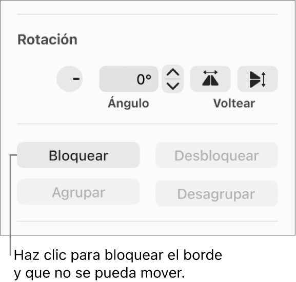 Los controles para girar, bloquear y agrupar objetos, con un mensaje en la opción Bloquear.