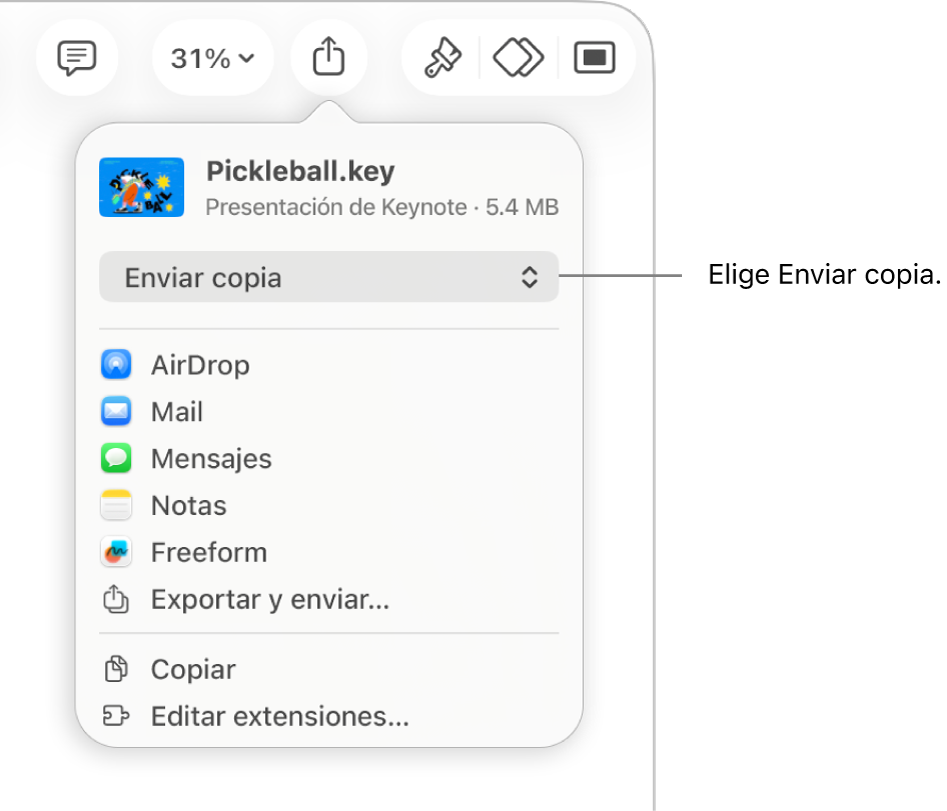 El menú Compartir con la opción Enviar copia seleccionada en la parte superior.