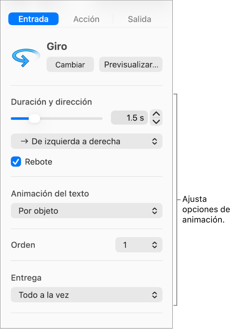 Opciones de Entrada en la pestaña Animación de la barra lateral.