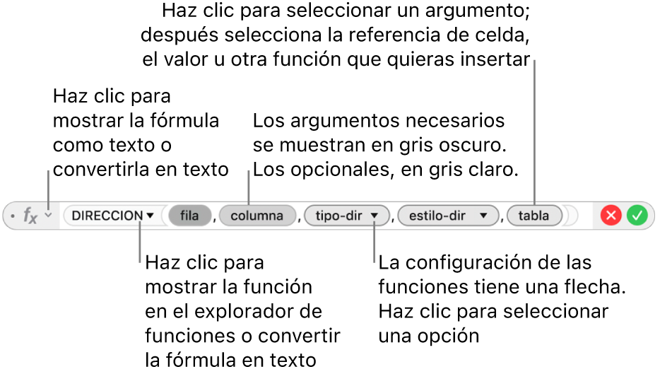 El editor de fórmulas con la función DIRECCIÓN y sus identificadores de argumentos.