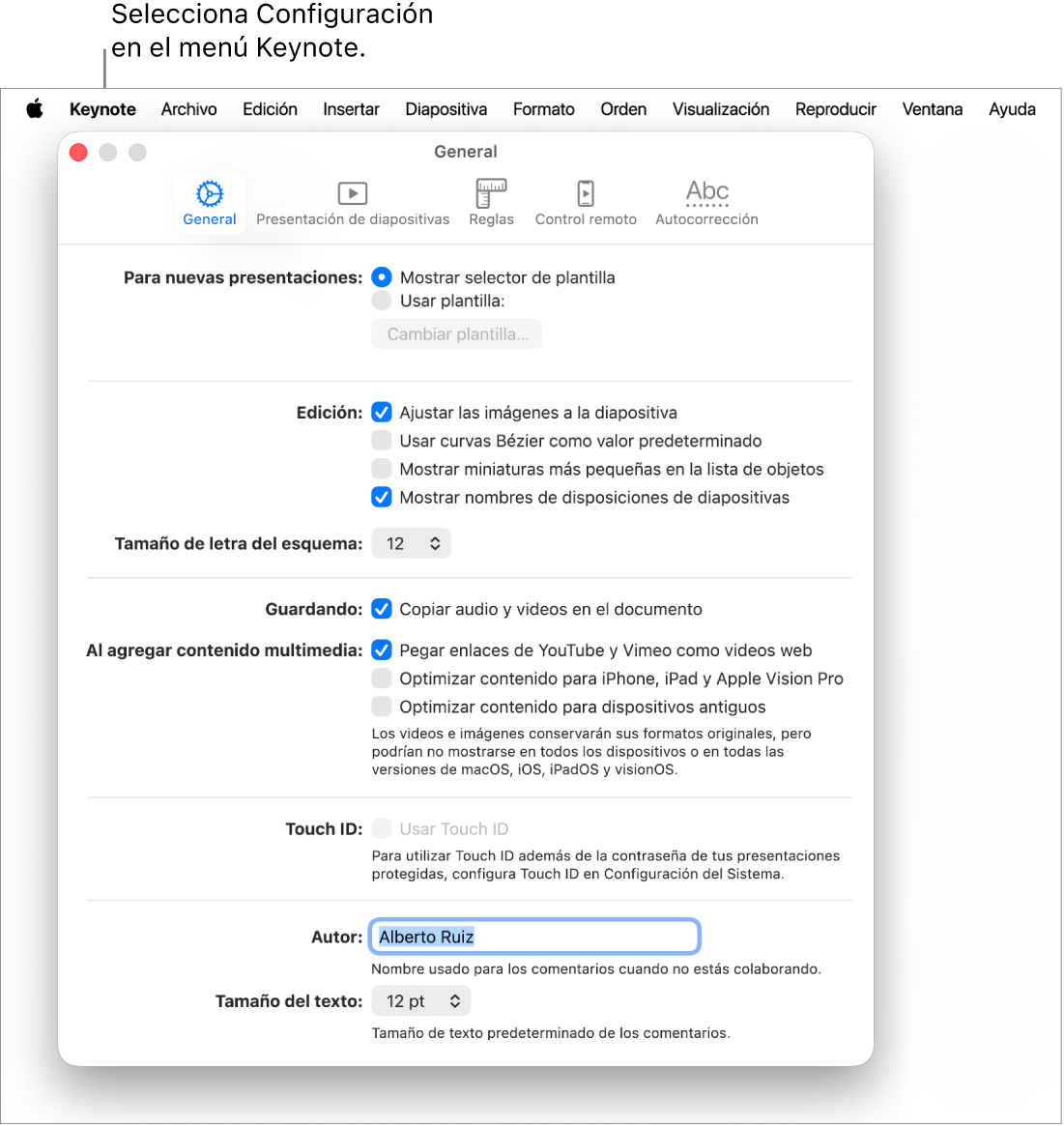 La ventana de configuración de Keynote abierta en el panel General.