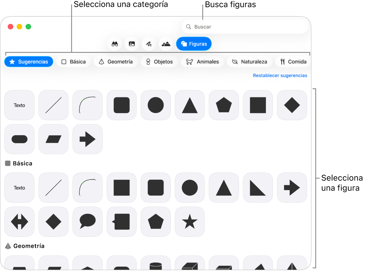 La biblioteca de figuras, con las categorías enumeradas a la izquierda y las figuras mostradas a la derecha. Puedes usar el campo de búsqueda de la parte superior para buscar figuras o desplazarse para ver más.