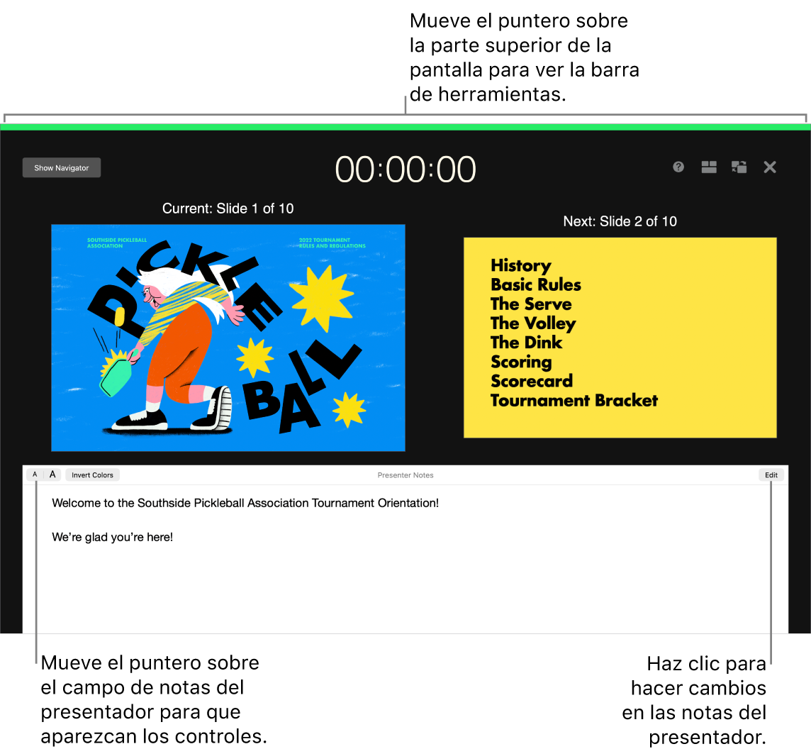 La pantalla del presentador de Keynote con botones para abrir y cerrar el navegador de diapositivas y las opciones de visualización en la parte superior de la pantalla. La diapositiva actual y siguiente están en la mitad de la pantalla y el campo “Notas del presentador”, en la parte inferior.