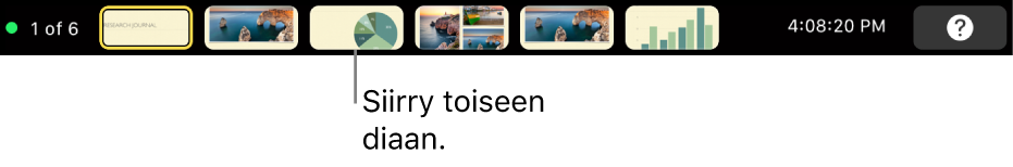 MacBook Pron Touch Bar, jossa on esityssäätimet esityksestä poistumiseen, siirtymiseen toiselle dialle ja esittäjän näytön vaihtamiselle.