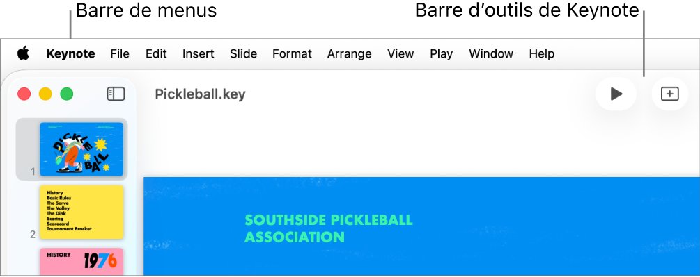 Barre des menus en haut de l’écran avec les menus Apple, Keynote, Fichier, Édition, Insertion, Format, Disposition, Présentation, Lecture, Partage, Fenêtre et Aide. Sous la barre des menus se trouve une présentation Keynote ouverte avec les boutons de la barre d’outils.