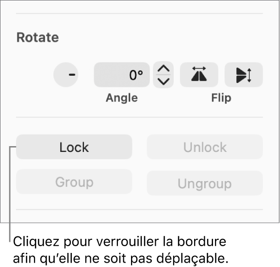 Les commandes d’objet Faire pivoter, Verrouiller et Grouper avec le bouton Verrouiller en évidence.