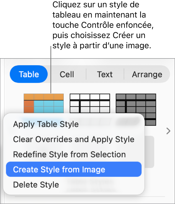 Le menu contextuel Style de tableau.