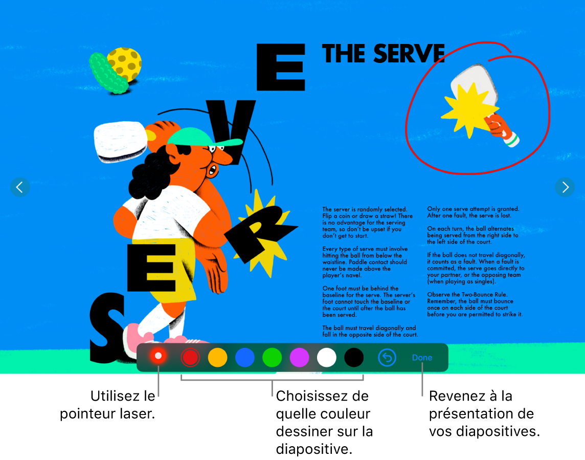 Une diapositive en mode d’illustration de diapositive affichant le pointeur laser et les commandes de sélection de couleur.