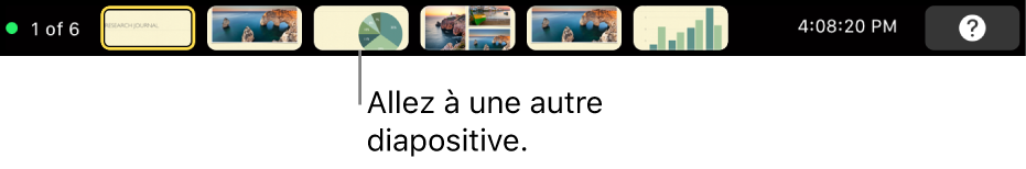 La Touch Bar du MacBook Pro avec les commandes de présentation pour la quitter, passer d’une diapositive à l’autre et changer l’affichage du présentateur.
