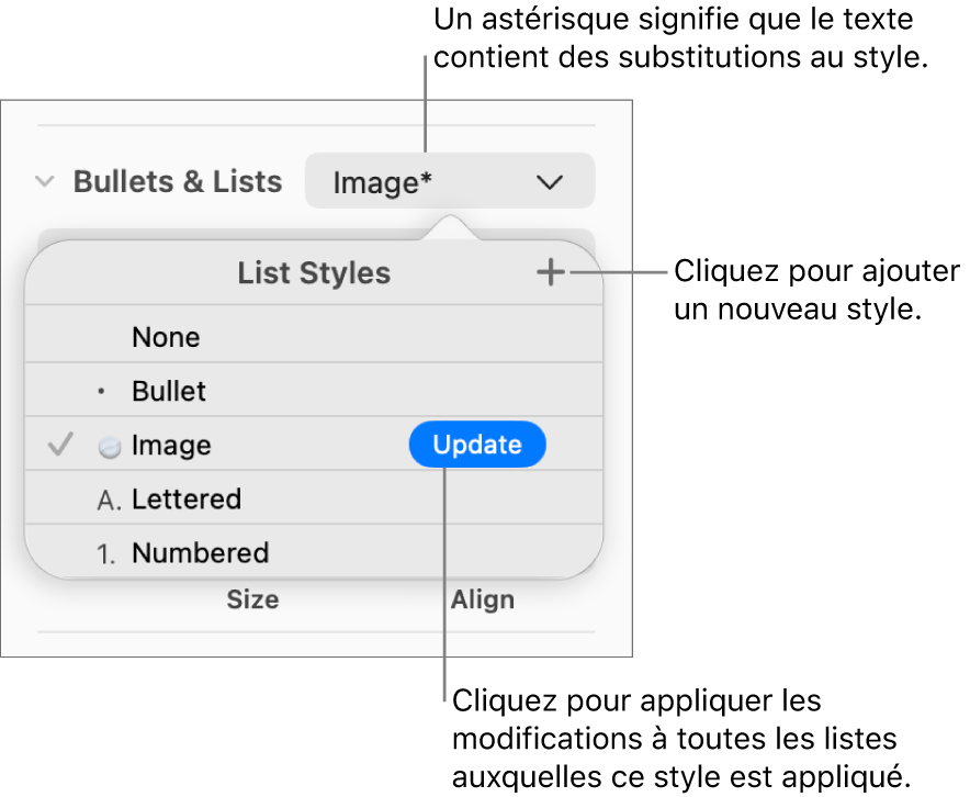 Le menu contextuel Styles de liste avec un astérisque indiquant une substitution, des légendes pour le bouton Nouveau style, et un sous-menu d’options de gestion des styles.