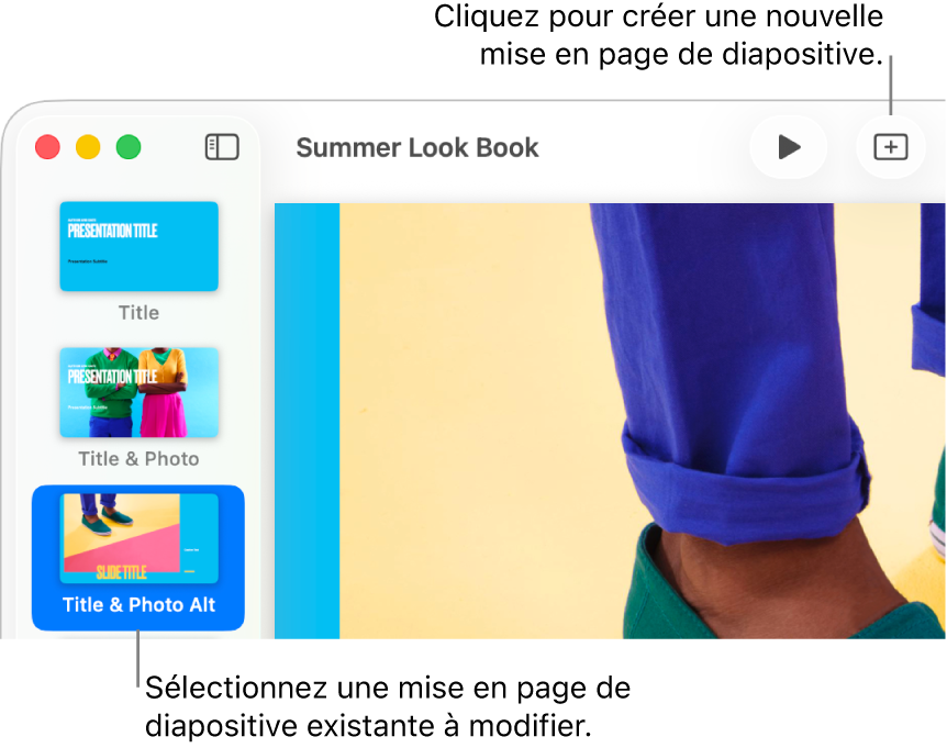 Une disposition de diapositive qui s’affiche dans la zone de disposition de la diapositive, avec le bouton Ajouter une diapo au-dessus dans la barre d’outils.