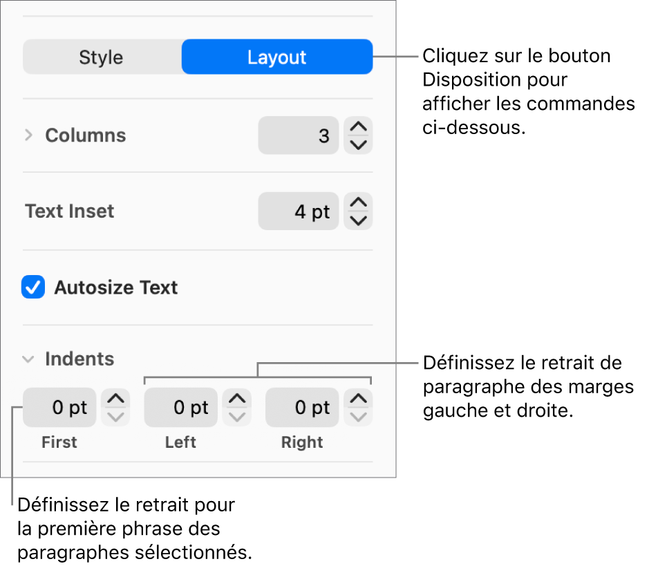 La section Disposition de la barre latérale Format, présentant les commandes définissant le retrait de première ligne et les marges de paragraphe.