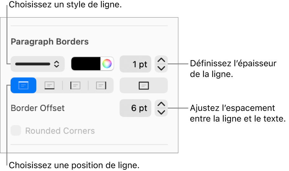 Commandes permettant de modifier le style, l’épaisseur, la position et la couleur de la ligne.