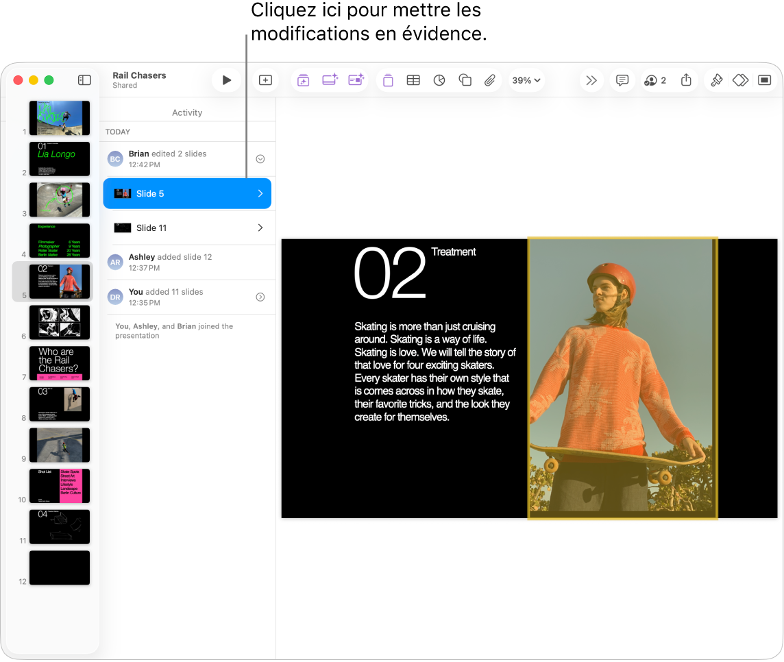 Une présentation collaborative avec le menu de collaboration et la liste des activités ouverts.