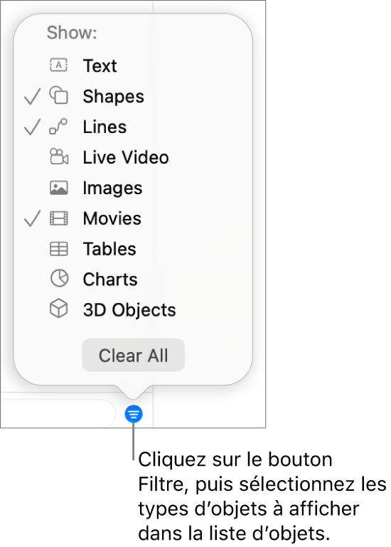 Le menu contextuel Filtrer ouvert, avec les types d’objets qui peuvent être compris dans la liste (texte, formes, lignes, images, vidéos, tableaux et graphiques).
