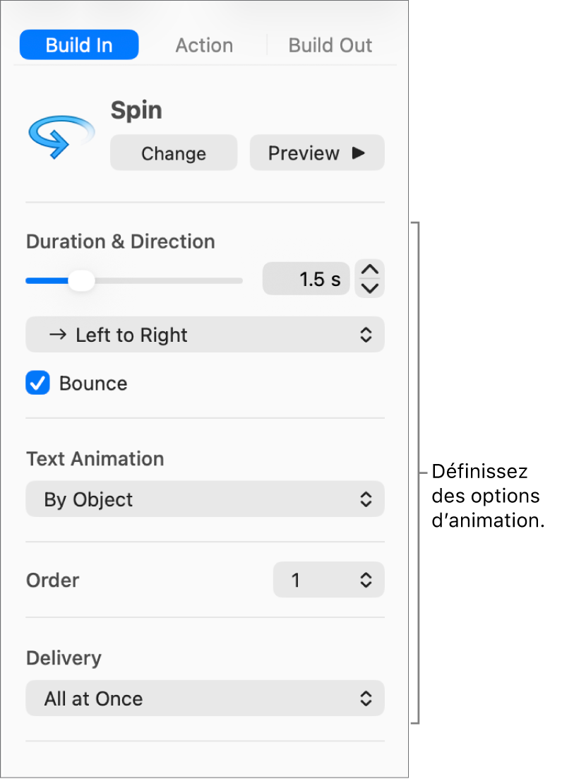 Options d’entrée de l’onglet Animer de la barre latérale.