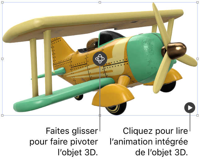 Un objet 3D avec le bouton « Faire pivoter » au centre de l’objet, et le bouton Lecture dans le coin inférieur droit.