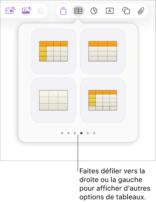La sous-fenêtre Ajouter un tableau affichant les flèches de navigation à gauche et à droite.