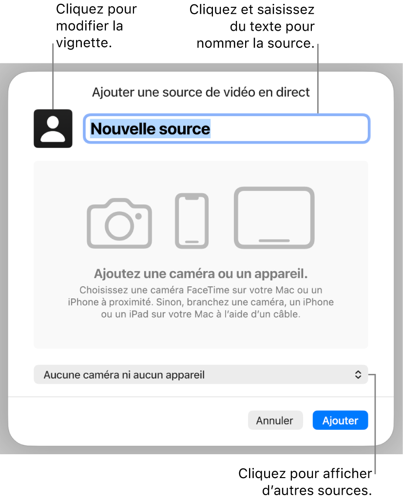 La fenêtre « Ajouter une source de vidéo en direct » avec des commandes pour modifier le nom et la vignette de la source en haut, et pour sélectionner d’autres sources en bas.