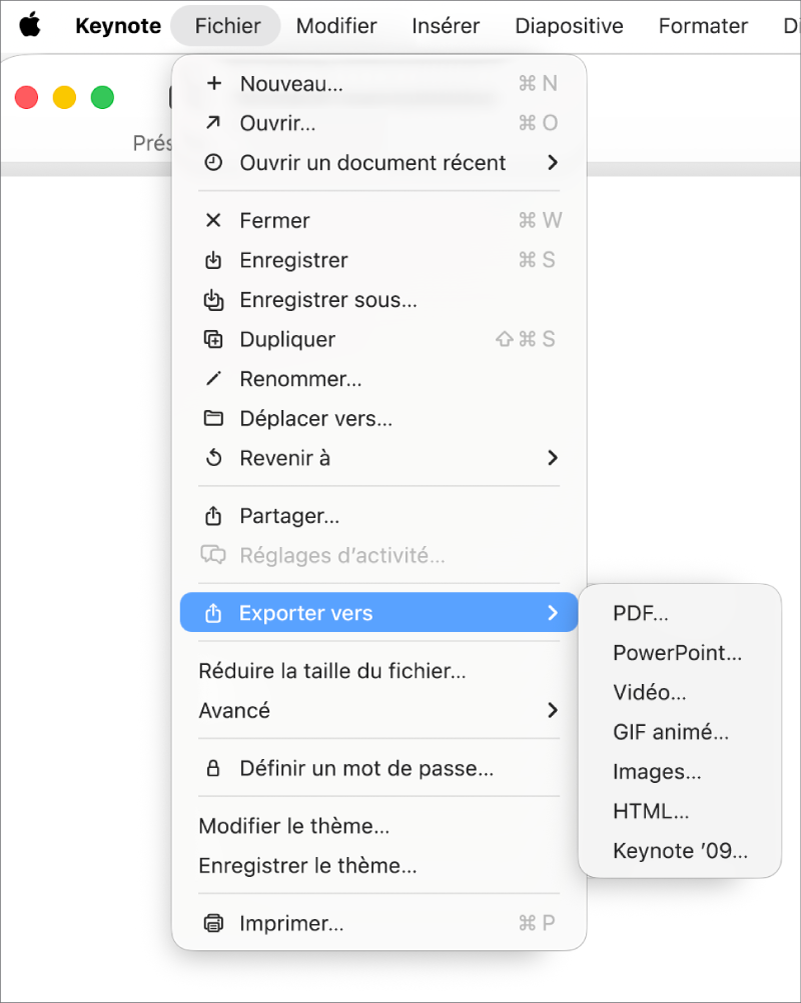 Le menu Fichier ouvert avec l’option « Exporter vers » sélectionnée, le sous-menu correspondant affichant les options d’exportation aux formats PDF, PowerPoint et Vidéo.