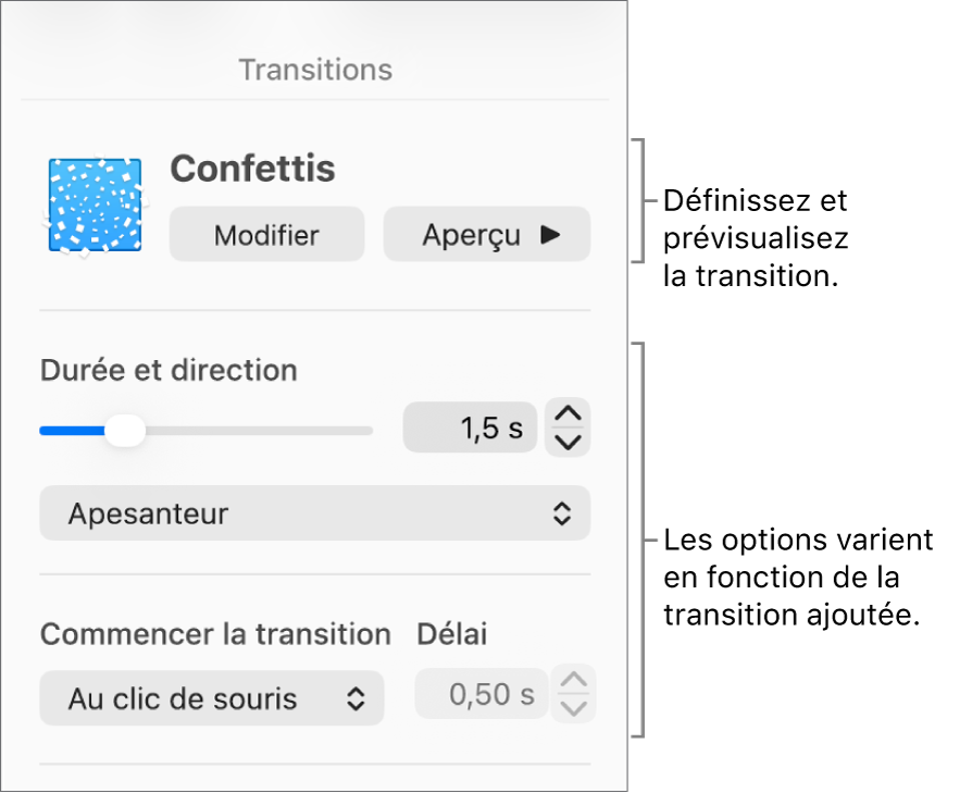 Commandes de transition de la section Transitions de la barre latérale.