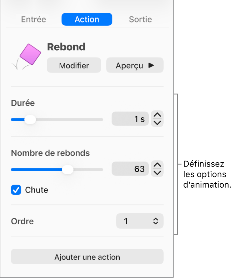 Commandes d’action de la section Animer de la barre latérale.
