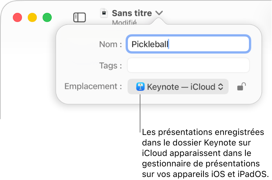 Zone de dialogue d’enregistrement d’une présentation avec Keynote (iCloud dans le menu local Emplacement).