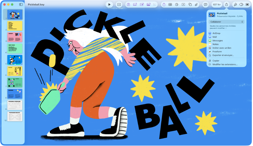 La fenêtre de Keynote avec le menu Partager ouvert dans la barre d’outils.
