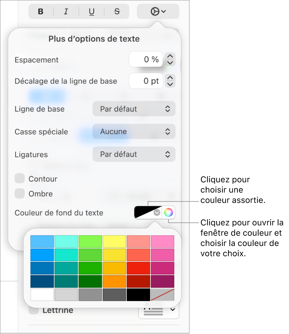 Commandes de sélection d’une couleur d’arrière-plan pour le texte.