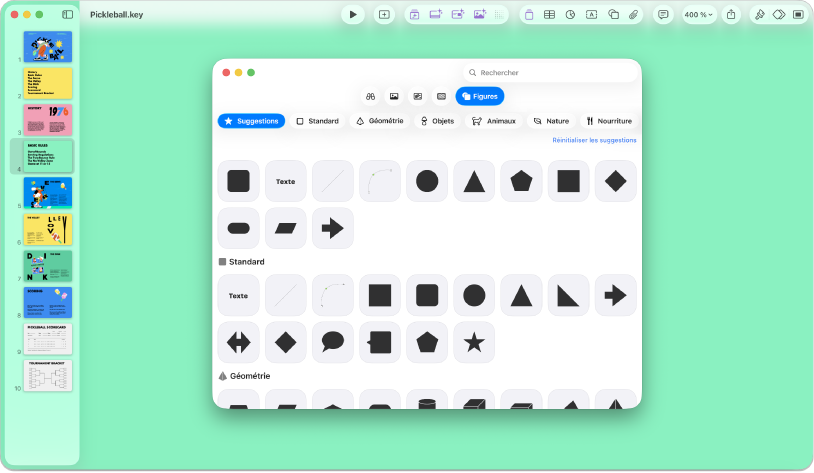 La fenêtre de Keynote avec le menu Figure ouvert dans la barre d’outils.