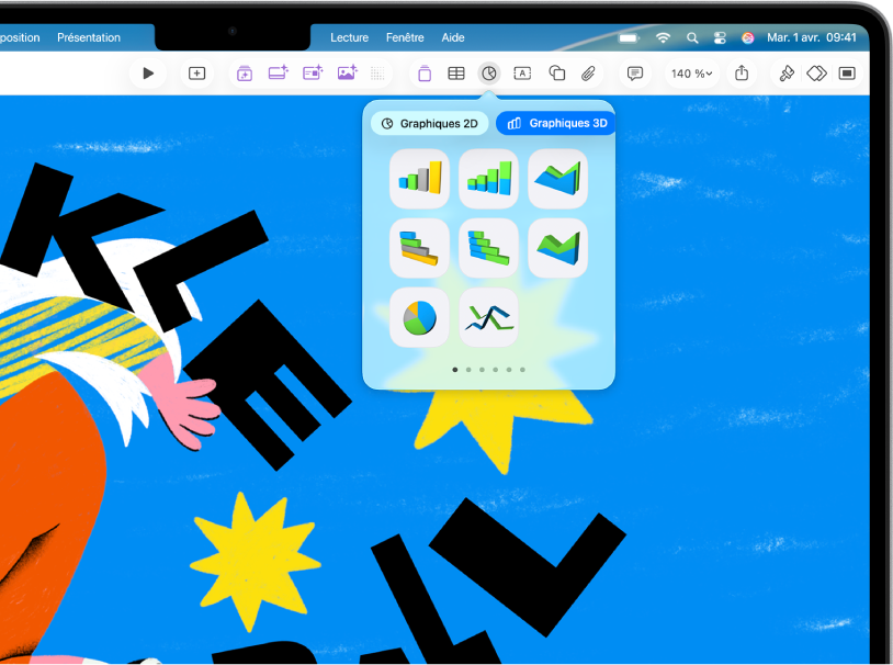 La barre d’outils avec des boutons pour ajouter des tableaux, graphiques, zones de texte, figures et contenus multimédias. Graphique est sélectionné et affiche des boutons pour les graphiques 2D, 3D et Interactif. 3D est sélectionné et différents graphiques apparaissent en dessous.