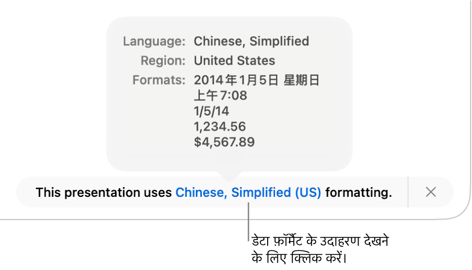 अलग भाषा और क्षेत्र सेटिंग संबंधी सूचना, जो उस भाषा और क्षेत्र के फ़ॉर्मैटिंग से जुड़े उदाहरण दर्शाती है।
