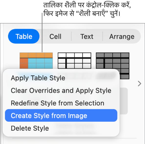 टेबल शैली शॉर्टकट मेनू।