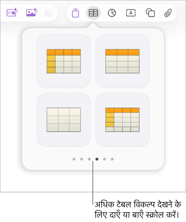 बाईं व दाईं ओर नेविगेशन तीरों के साथ “टेबल जोड़ें” पैन।