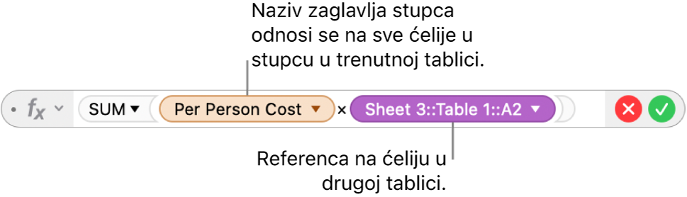 Urednik formula s trokutom koji možete kliknuti za otvaranje opcija za očuvanje referenci na retke i stupce.