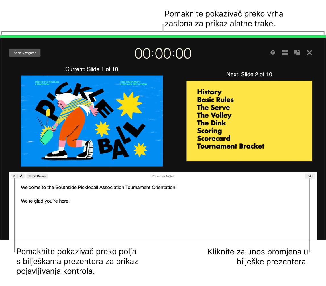 Zaslon Keynote prezentera s tipkama za otvaranje i zatvaranje navigatora slajdova i opcijama zaslona pri vrhu zaslona. Trenutačni slajd i sljedeći slajd prikazuju se po sredini zaslona, a polje Bilješke prezentera nalaze se pri dnu.
