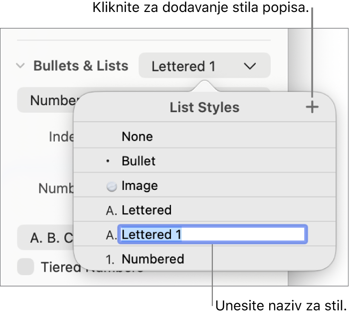 Skočni izbornik Stilovi popisa s tipkom Dodaj u gornjem desnom kutu i nazivom stila držača mjesta s odabranim tekstom.